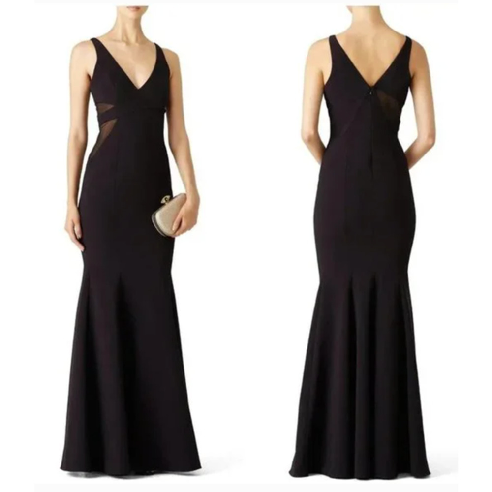 Jay Godfrey Rockefeller Gown Black V-Neck Sleeveless Mesh Side Panels US 4